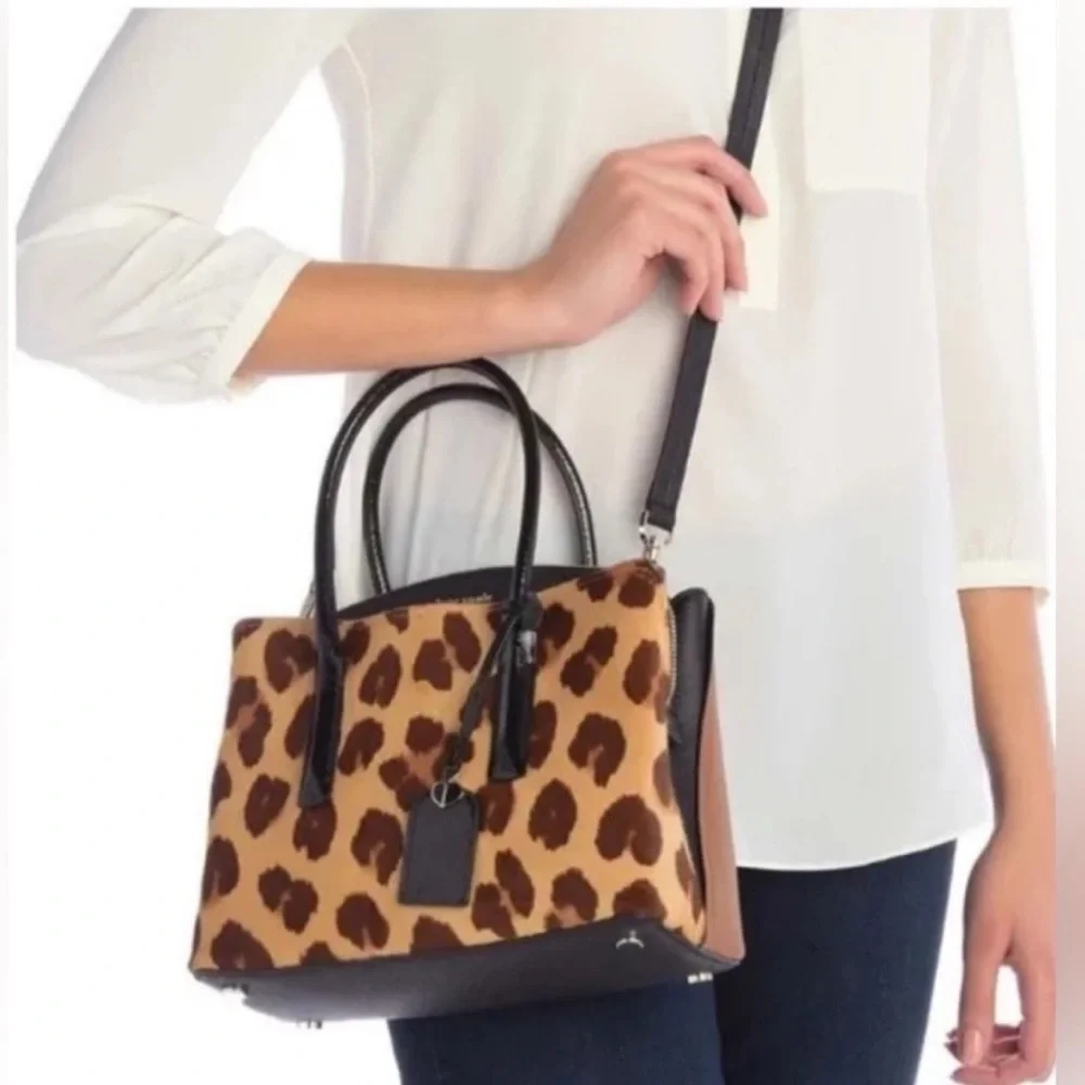 Kate Spade Margaux Medium Caviar Leather Leopard Calf Hair Crossbody Satchel Bag